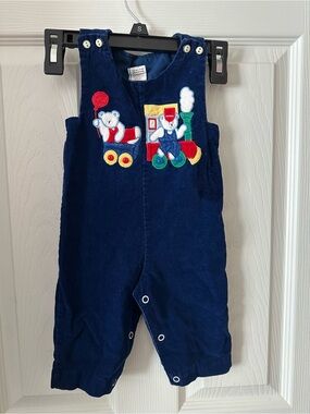Vintage Children's Navy Corduroy Train Overalls with Train and bears kids 6-9